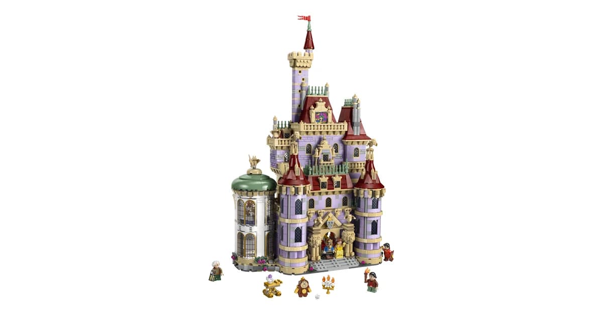 LEGO Disney Beauty and the Beast Castle 43263 with lilac walls, red roofs, a green-domed tower and minifigures in front