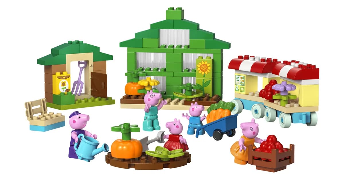 LEGO DUPLO Grandpa Pig's Garden and Greenhouse 10461, a green greenhouse, a garden shed and a market cart with Peppa Pig family figures and vegetables