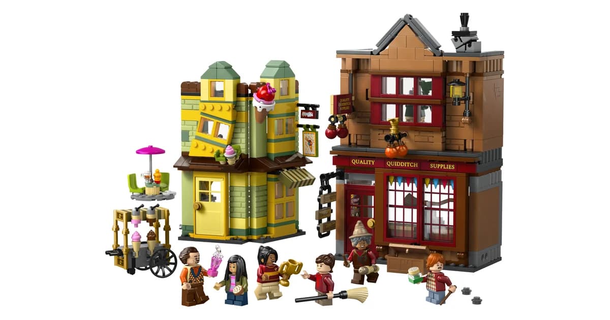 LEGO Harry Potter Quality Quidditch Supplies and Ice Cream Parlour 76452, a red-brick shop beside a green and yellow ice cream parlour with minifigures