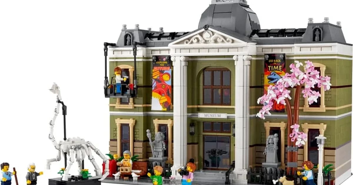 The LEGO Icons Natural History Museum 10326, a green and white building with a dinosaur skeleton and minifigures outside