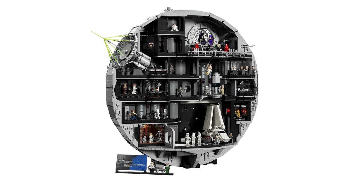 LEGO Star Wars Death Star 75419, a large grey round brick model cut open to show many interior rooms, on a stand with a nameplate