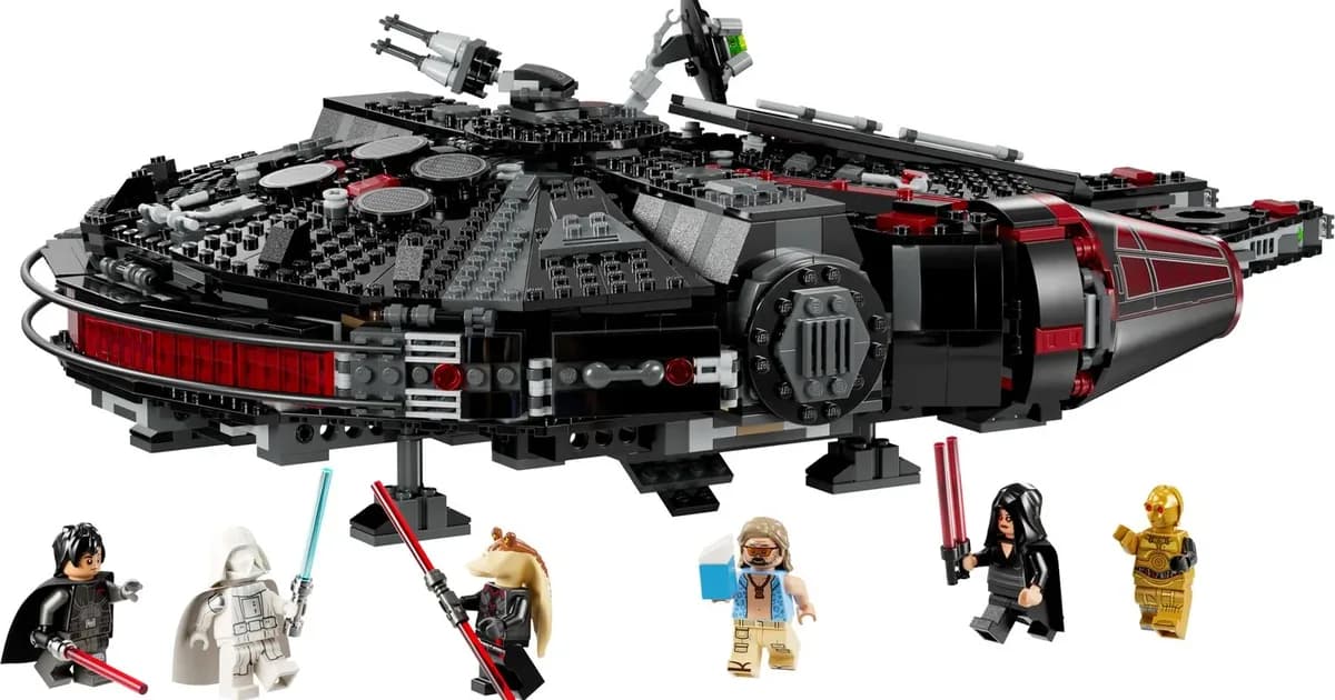 LEGO Star Wars The Dark Falcon 75389, a black ship with red trim, with seven minifigures lined up in front