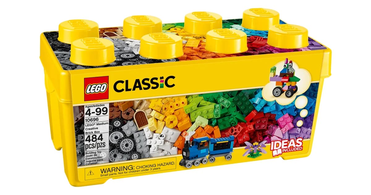 The yellow LEGO Classic Medium Creative Brick Box 10696, its label showing the age mark 4-99 and the piece count 484