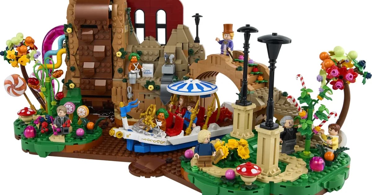 LEGO Ideas Willy Wonka and the Chocolate Factory 21360 with the candy garden, boat, black lamp posts and minifigures