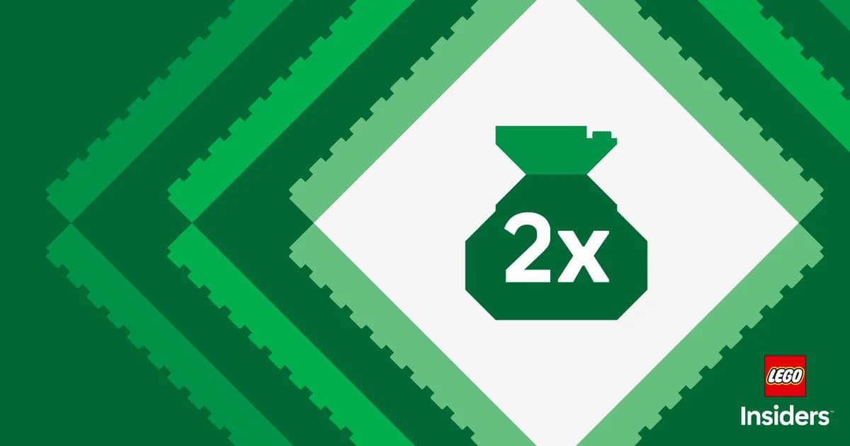 Green brick-patterned LEGO Insiders banner with a white diamond holding a 2x money bag icon and the Insiders logo