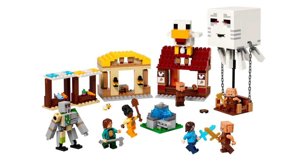 LEGO Minecraft The Ghast Balloon Village Attack 21273, a desert village with market stalls, a white ghast with a balloon and Minecraft figures