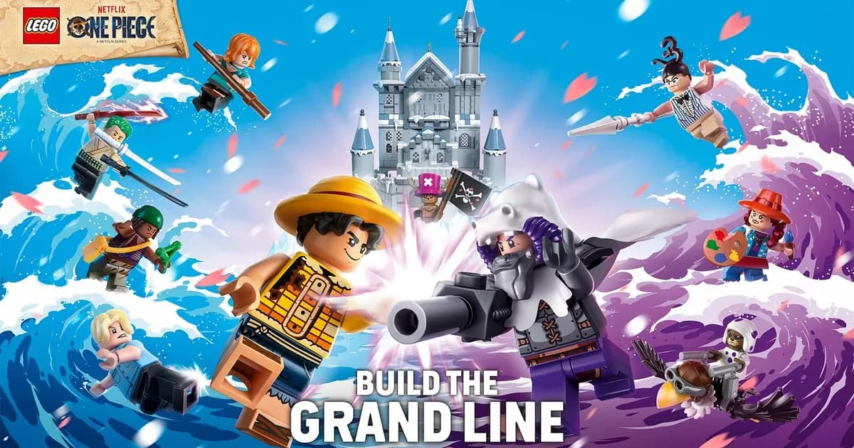 LEGO ONE PIECE key art: Luffy and Straw Hat minifigures leaping over blue waves toward a grey castle, with the words Build the Grand Line