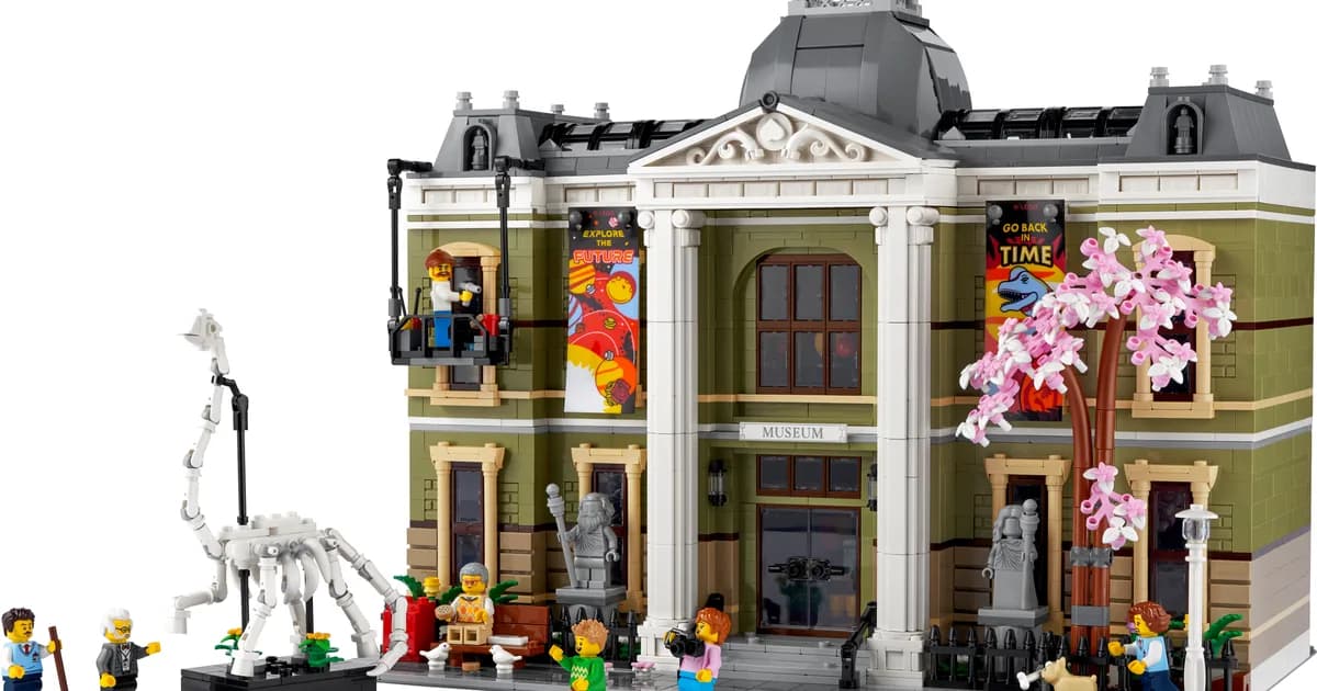LEGO Natural History Museum 10326 modular building with a dinosaur skeleton, pink blossom tree and minifigures outside