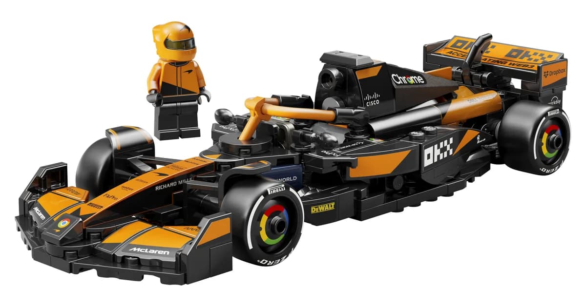 LEGO Speed Champions McLaren F1 Team MCL38 77251, an orange and black F1 car with an orange-suited driver minifigure
