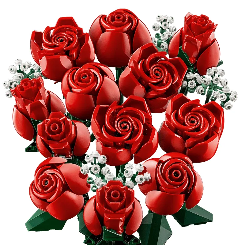 LEGO Botanicals Bouquet of Roses 10328: a dozen red brick-built roses with white baby's breath and green leaves