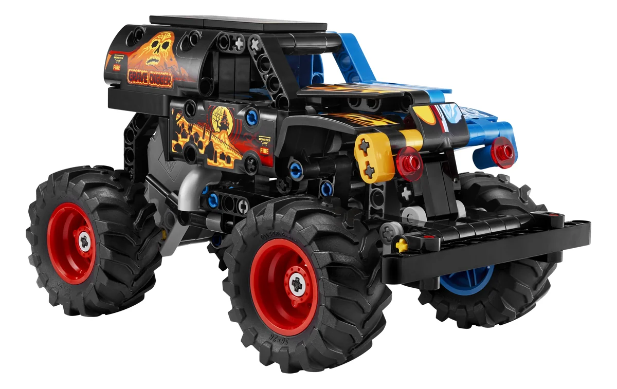 LEGO Technic Monster Jam Grave Digger Fire and Ice 42219, a black monster truck with big red wheels, flame decorations on one side and blue on the other
