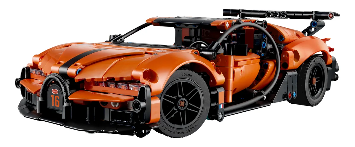 LEGO Technic Bugatti Chiron Pur Sport Hypercar 42222, an orange and black Technic supercar with a large rear wing