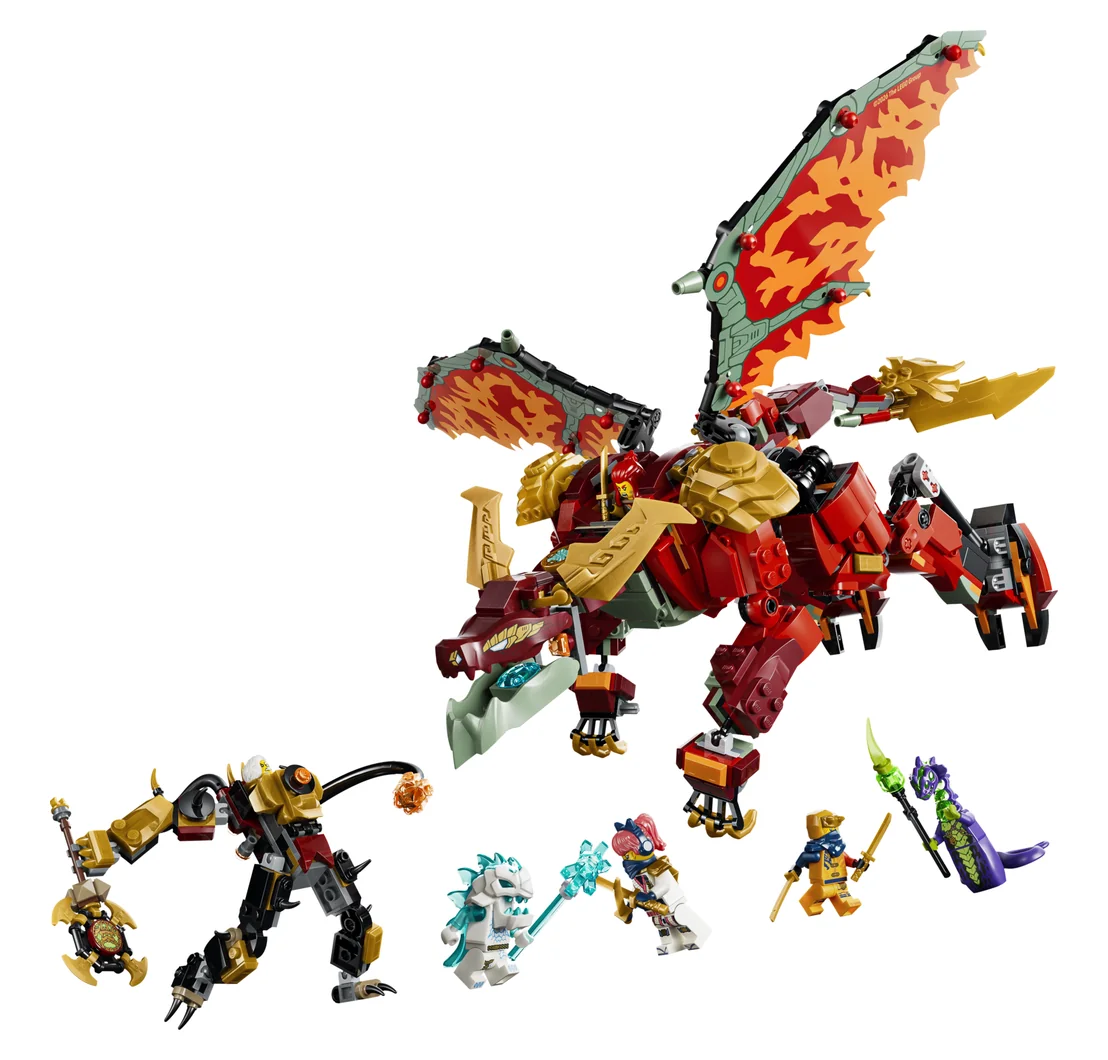 LEGO NINJAGO Wyldfyre's Transforming Dragon Mech 71868, a red and orange dragon with spread wings above a smaller mech and six minifigures