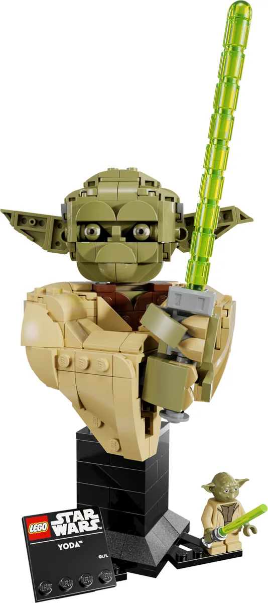 LEGO Star Wars Yoda Bust 75438 holding a green lightsaber, on a black stand with a Star Wars name plate and a Yoda minifigure