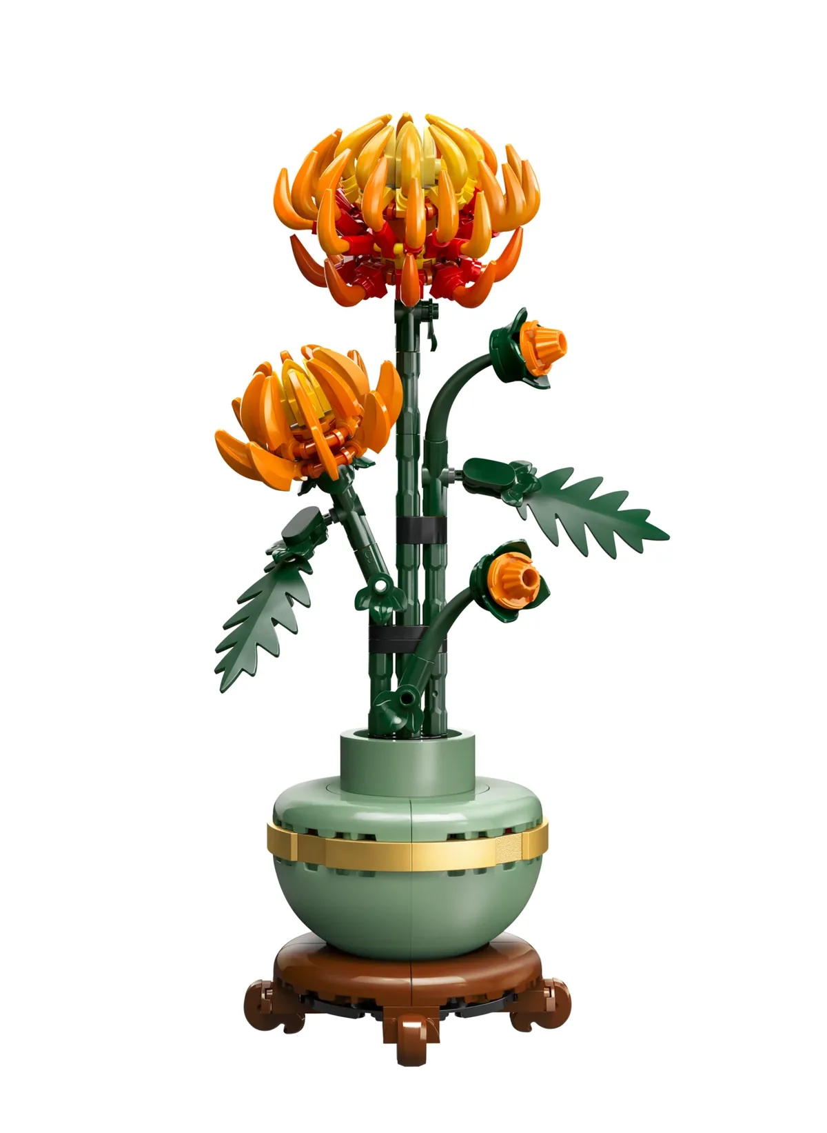 LEGO Botanicals Chrysanthemum 10368, orange flowers on green stems in a pale green pot on a wooden stand