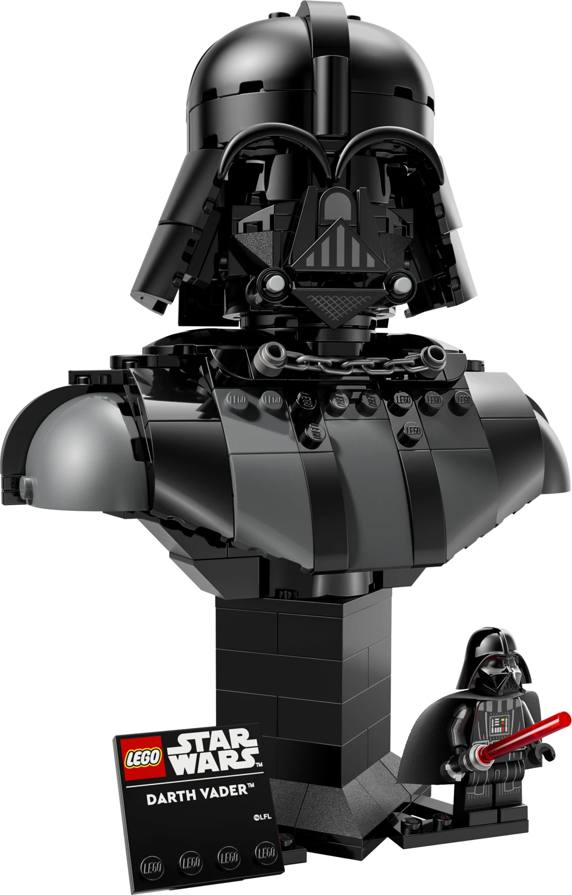 LEGO Star Wars Darth Vader Bust 75439, a black helmet and chest on a stand with a nameplate and a Darth Vader minifigure