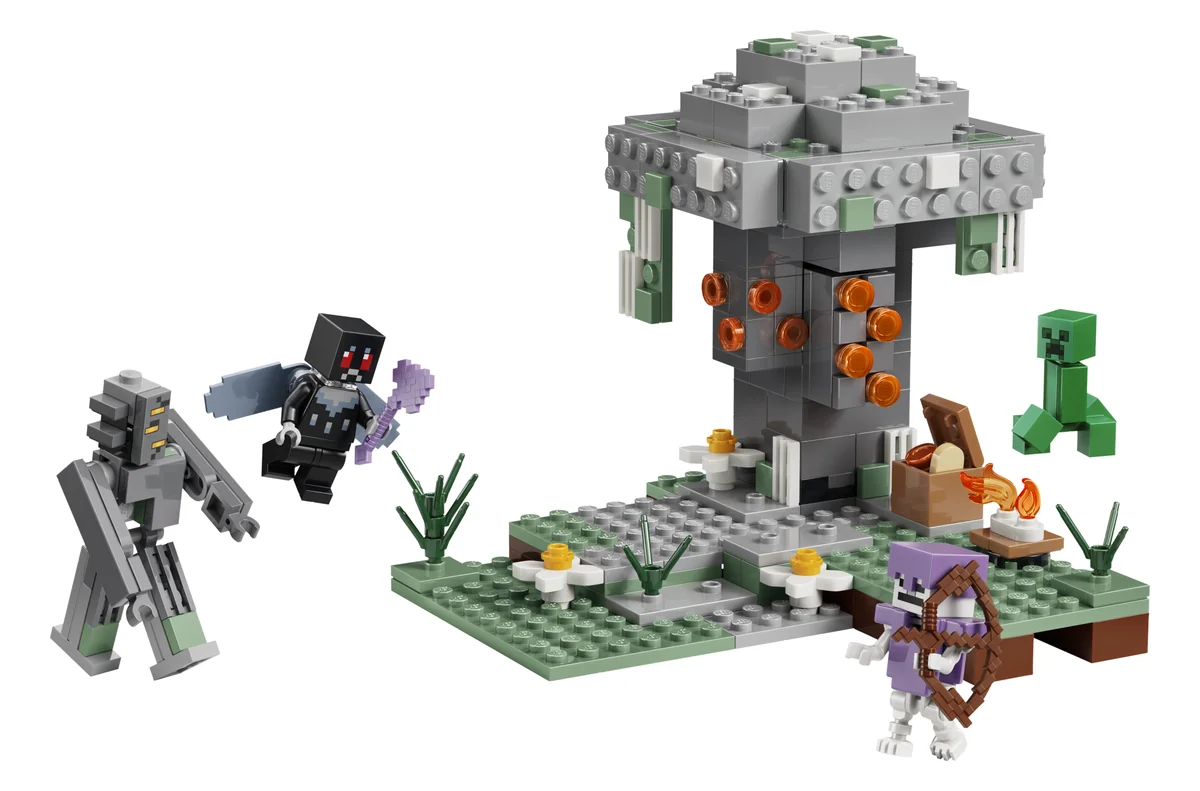 LEGO Minecraft The Pale Garden 21586, a pale grey tree with orange details on a green and grey base, with a skeleton, a creeper and other Minecraft figures
