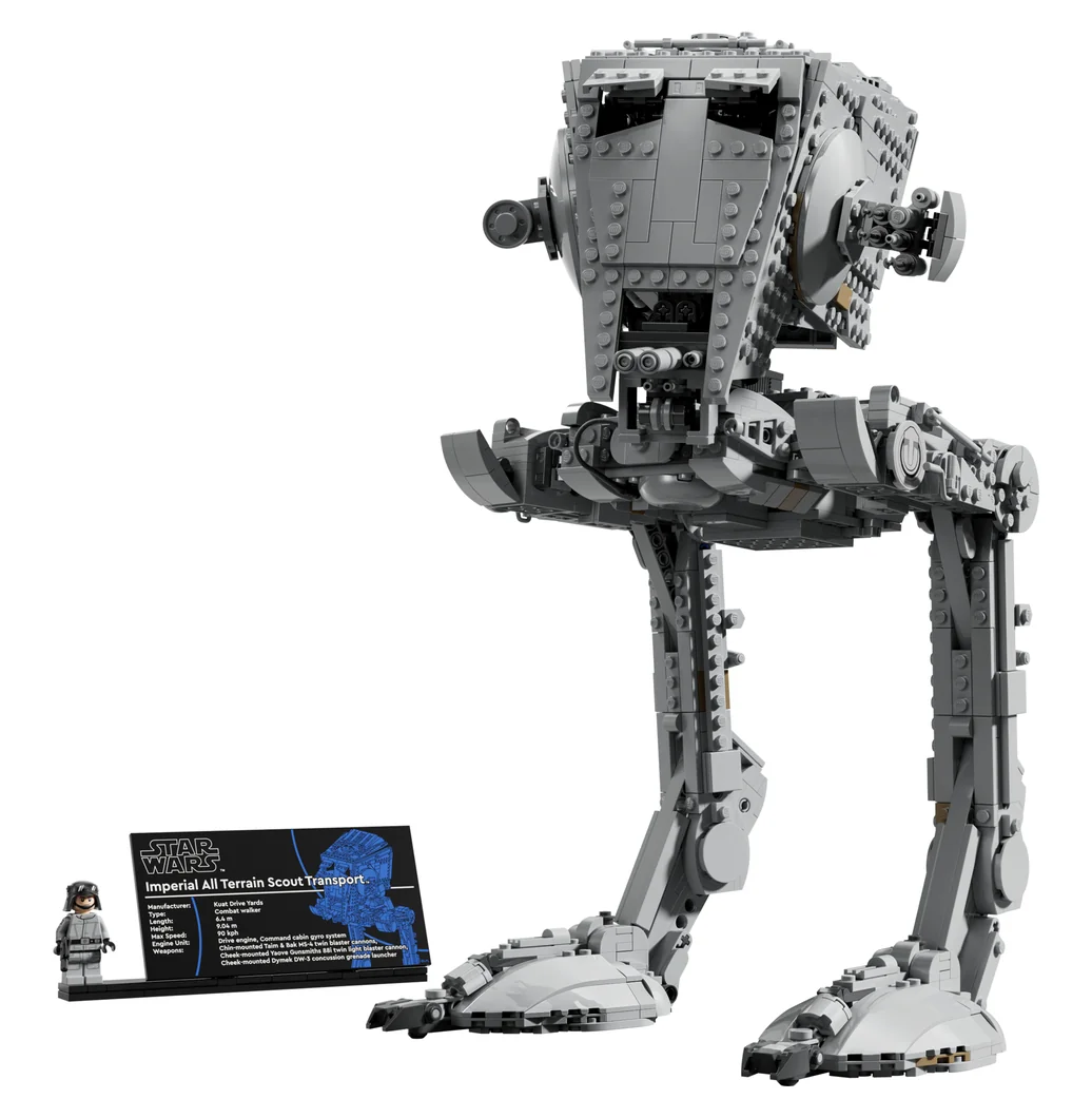 LEGO Star Wars AT-ST Walker 75417, a tall grey two-legged walker on a display base with a nameplate and a minifigure