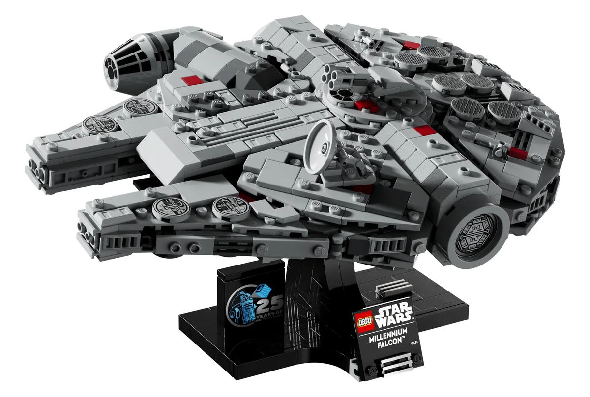 LEGO Star Wars Millennium Falcon 75375, a grey mid-scale model of the ship on a black display stand with a nameplate