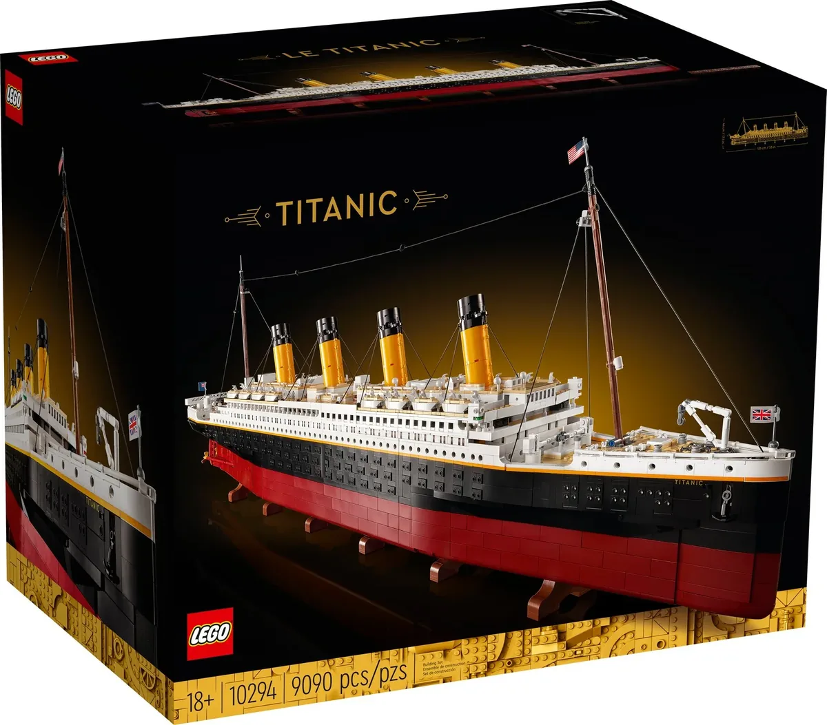 The LEGO Titanic 10294 box showing the black, white and red ship model with four yellow funnels