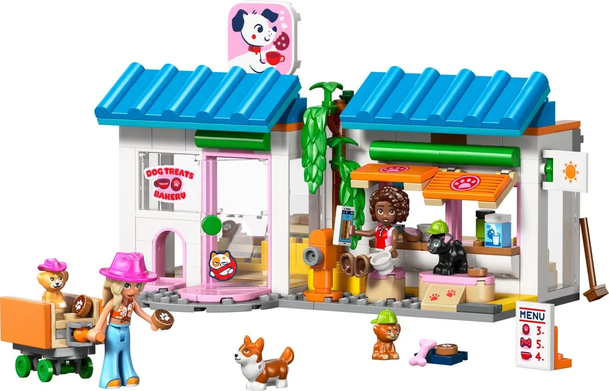 LEGO Friends Dog Treats Bakery 42677: a white shop with blue awnings and a dog logo, two mini-dolls, a corgi and a small cart