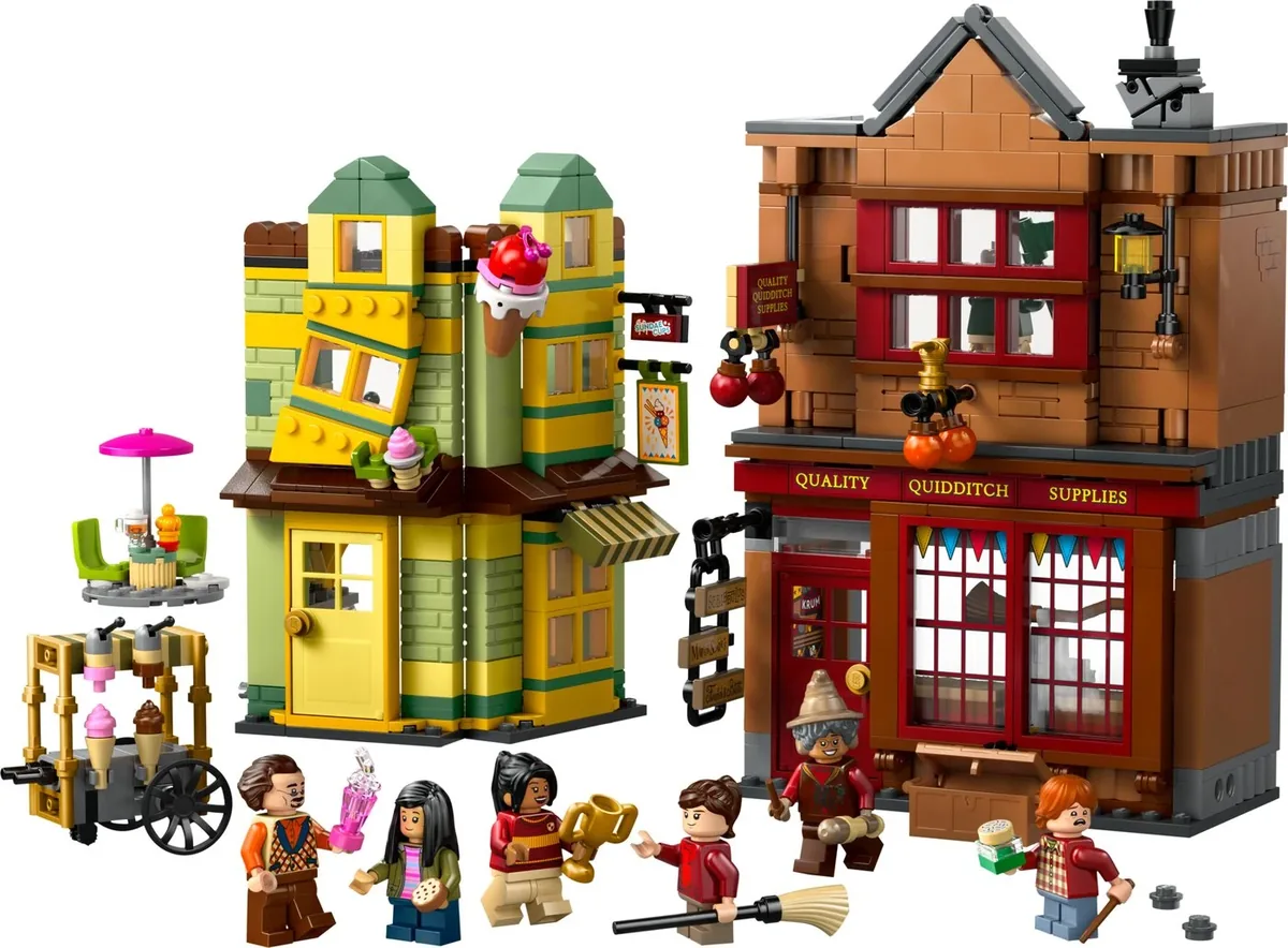 LEGO Harry Potter Quality Quidditch Supplies and Ice Cream Parlour 76452: a crooked yellow-green ice cream shop beside a brown Quidditch supplies building with minifigures