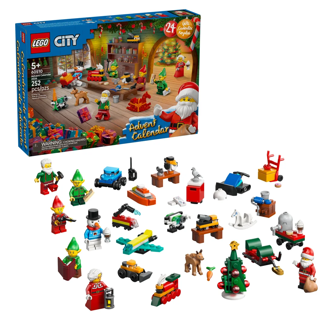 LEGO City Advent Calendar 2026 60510, the box showing Santa's workshop beside its mini builds: Santa, Mrs. Claus, elves, a snowman, a reindeer, a tree and a sleigh