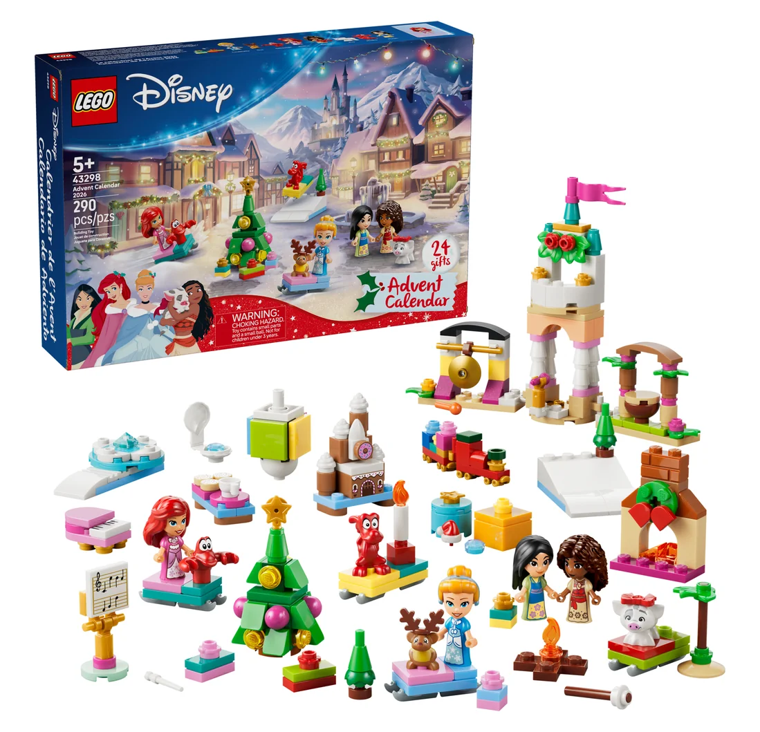 LEGO Disney Princess Advent Calendar 2026 43298, the box with a snowy castle scene beside the microdolls of Ariel, Cinderella, Mulan and Moana, a tree, a train and a gingerbread castle