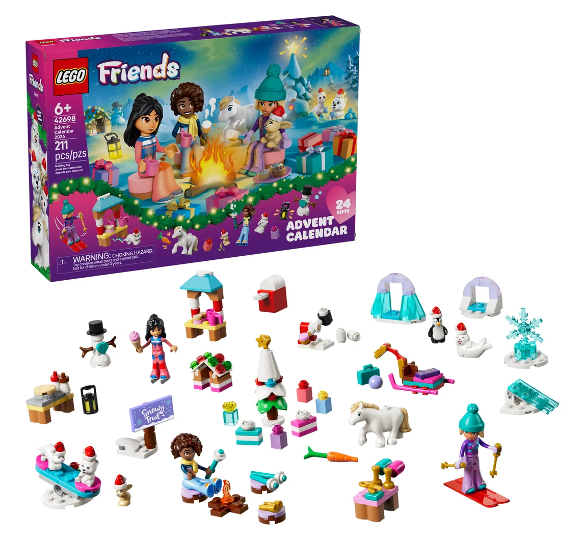 LEGO Friends Advent Calendar 2026 42698, the box with a campfire scene beside three minidolls, a pony, a seal, a penguin, a snowman and winter mini builds