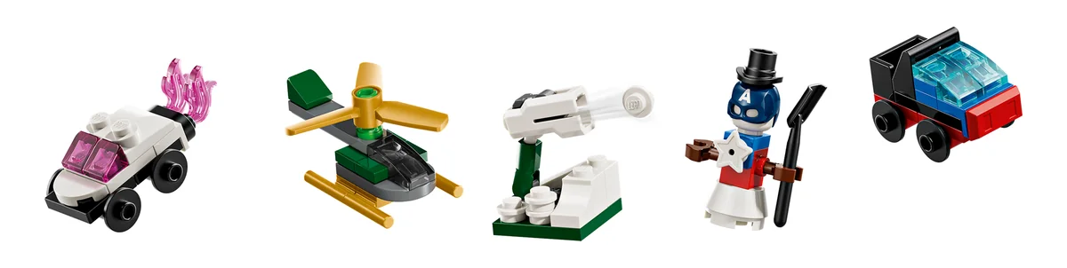 Five mini builds from the LEGO Marvel Advent Calendar 2026 76340: a white car with pink flames, a green and gold helicopter, a snowball cannon, a Captain America snowman and a cart