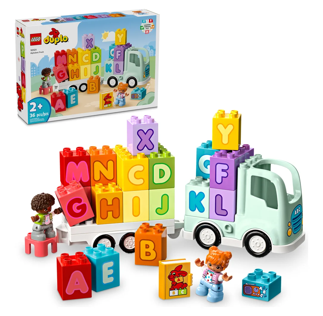 The LEGO DUPLO Alphabet Truck 10421, a white truck carrying large lettered bricks, its box marked 2+