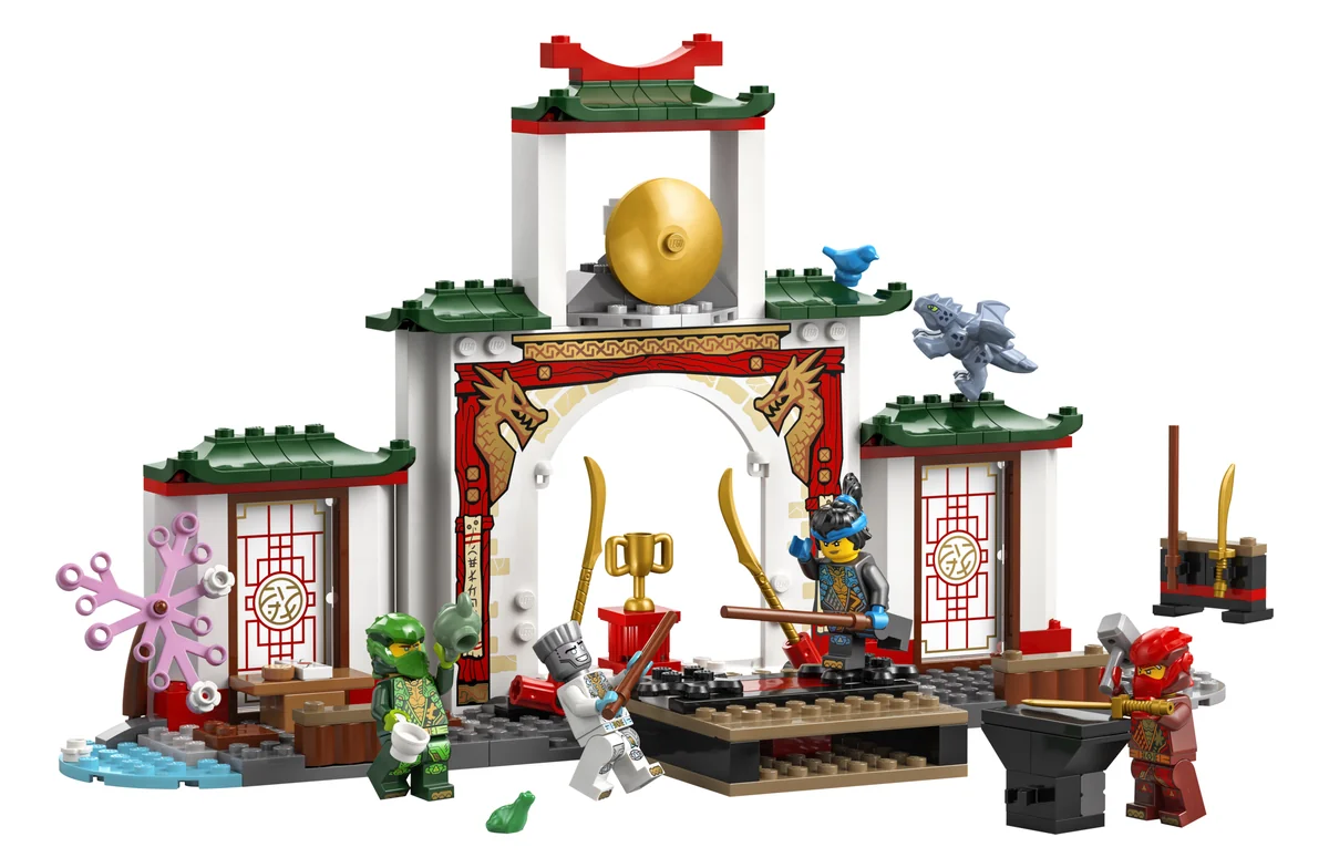 The LEGO NINJAGO Ninja Spinjitzu Temple 71831, a small red and white temple with a gong and ninja minifigures, marked 4+