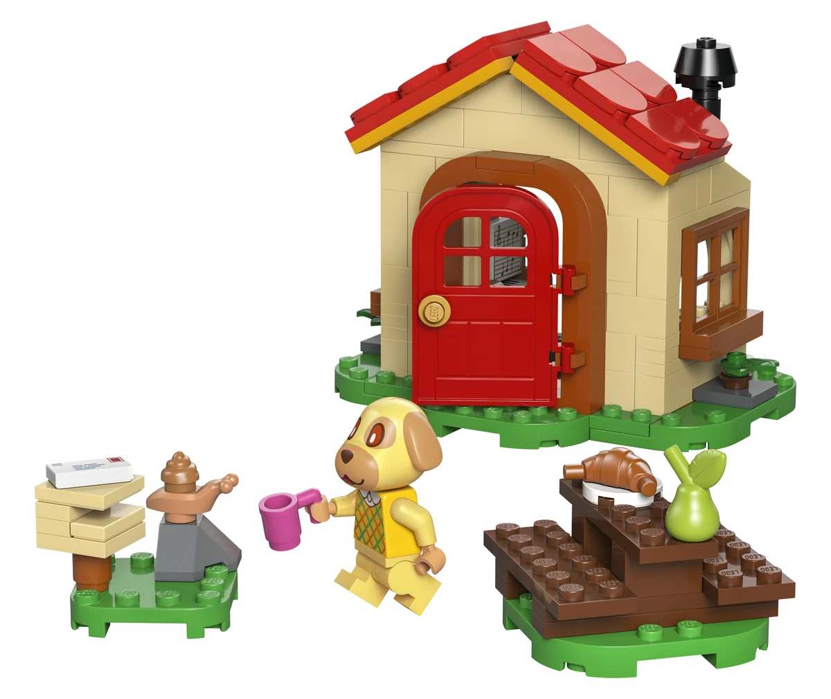 LEGO Animal Crossing Goldie's Cozy House 77058, a cream cottage with a red roof and red door, Goldie the dog, a picnic table and a postbox