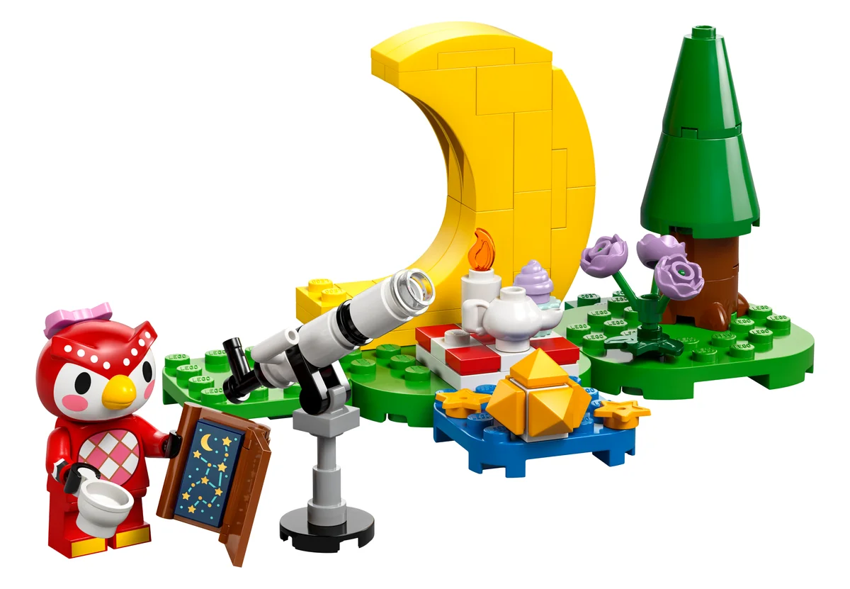 LEGO Animal Crossing Stargazing with Celeste 77053, Celeste the owl beside a white telescope, a yellow crescent moon, a small table with cupcakes and a tree