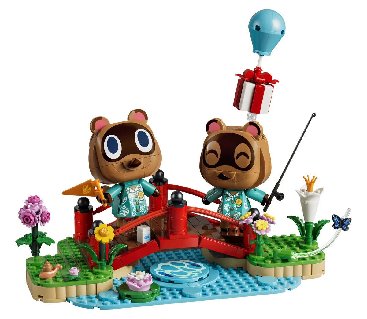 LEGO Animal Crossing Timmy & Tommy's Fun Day Out 77059, brick-built Timmy and Tommy Nook on a red bridge over a blue pond with flowers and a balloon present