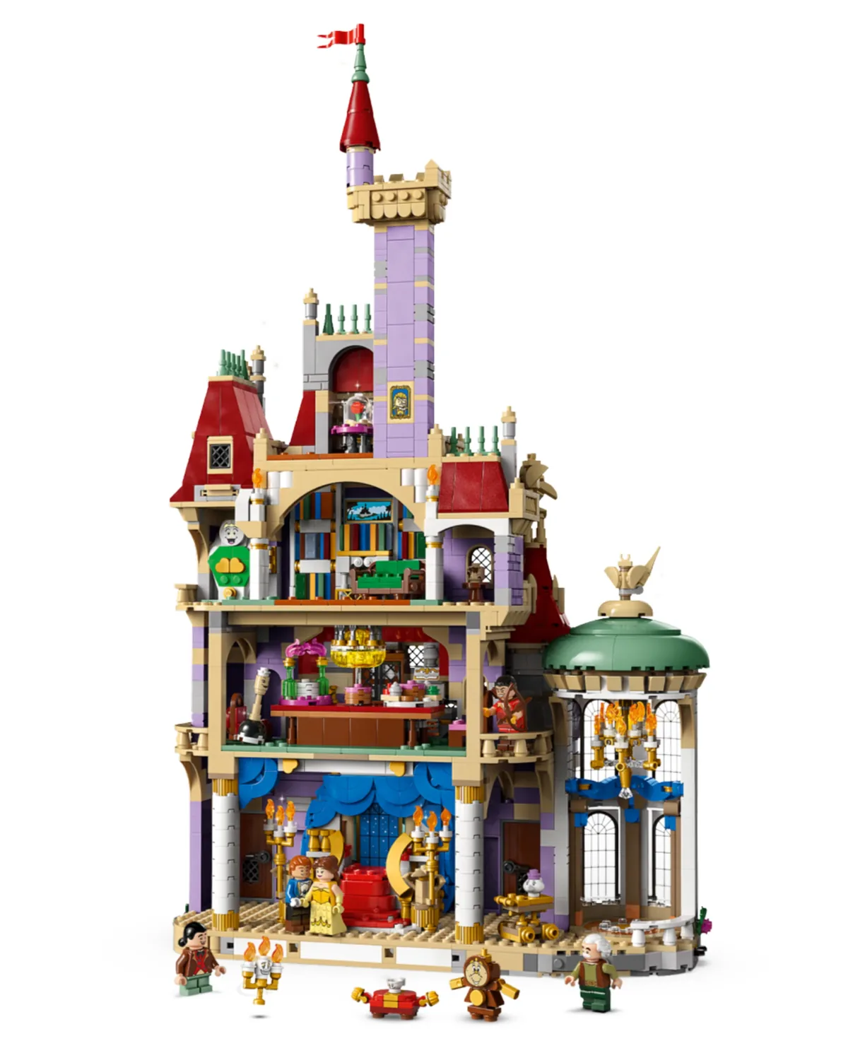 The LEGO Beauty and the Beast Castle 43263 opened up to show its stacked rooms, with the library, the ballroom and lit candelabras