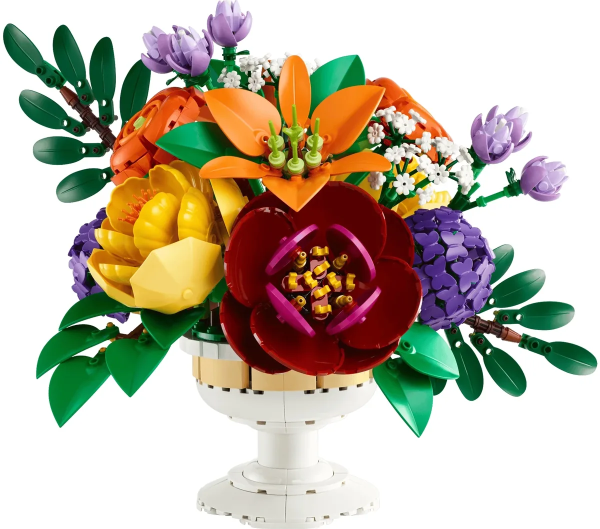 LEGO Botanicals Flower Arrangement 10345 with a dark red peony, an orange lily, yellow and purple blooms in a white footed chalice