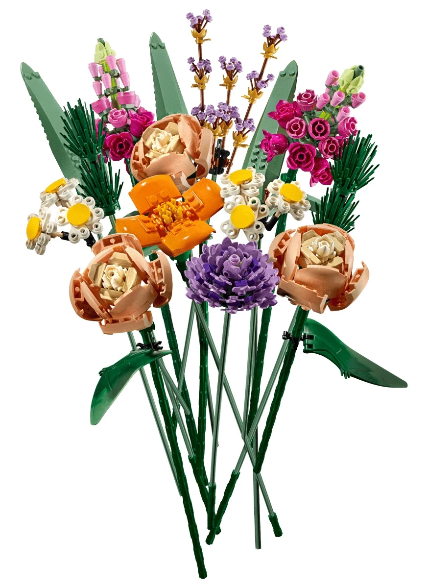 LEGO Flower Bouquet 10280, loose stems with peach and orange roses, a purple aster, lavender and white daisies