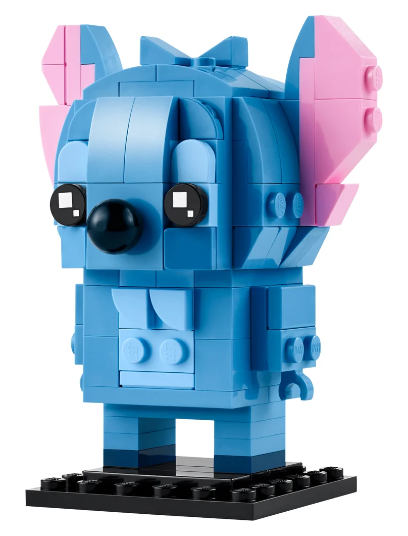 LEGO BrickHeadz Stitch 40674, a blue square-headed Stitch with large pink-lined ears on a black base