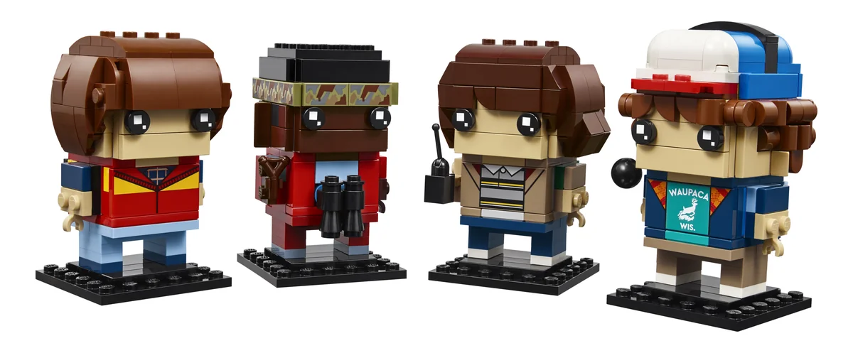 LEGO BrickHeadz Mike, Dustin, Lucas and Will Figures 40801, four square-headed Stranger Things boys on black bases, one in a cap