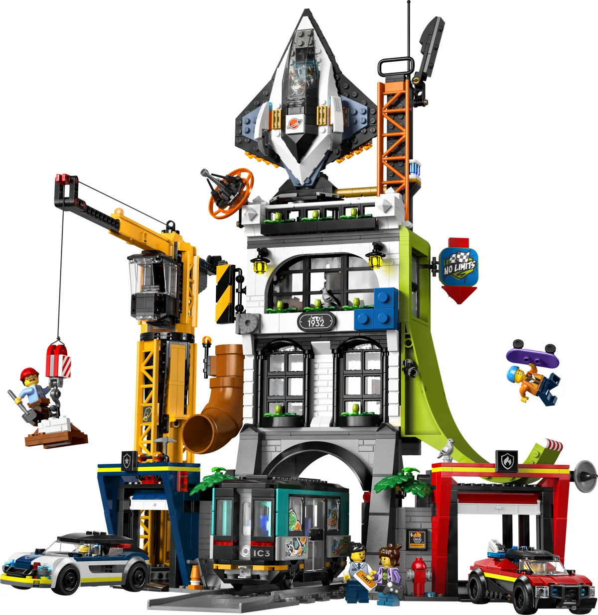 LEGO City The City Tower 60473, a tall white tower with a spaceship on top, a yellow crane, a tram, and police and fire cars at its base