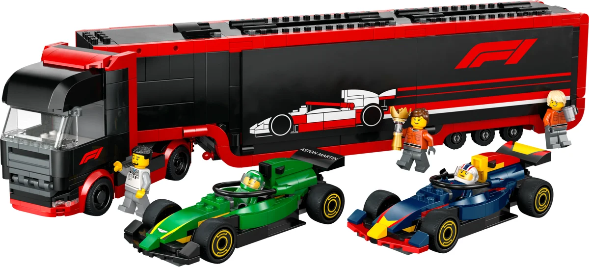 LEGO City F1 Truck with RB20 & AMR24 F1 Cars 60445, a black and red F1 transporter with a green and a navy F1 car and crew minifigures