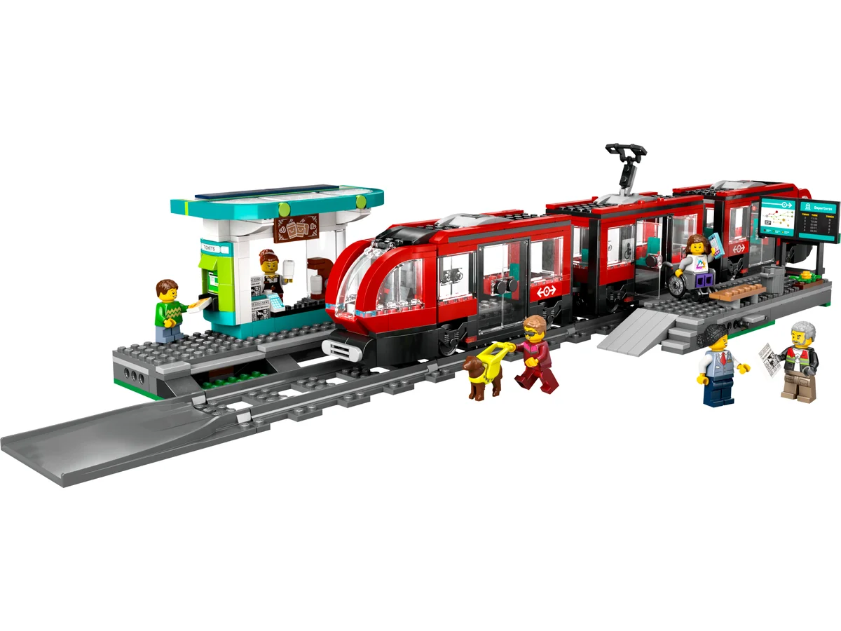 LEGO City Downtown Streetcar and Station 60423, a red three-section streetcar at a station with a ticket kiosk and minifigures