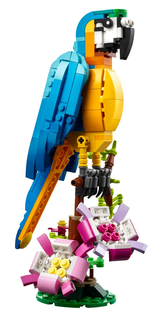 LEGO Creator 3-in-1 Exotic Parrot 31136, a blue and yellow parrot perched on a branch with pink flowers