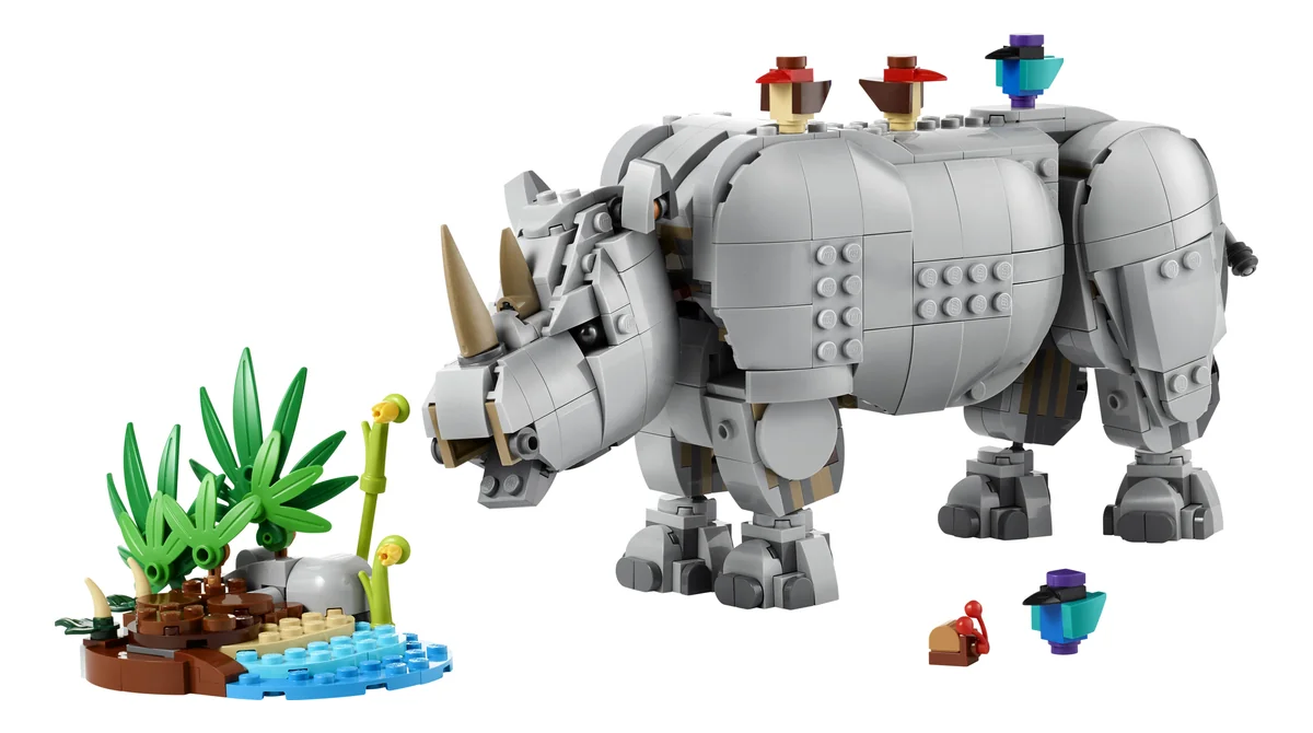LEGO Creator 3-in-1 Wild Animals: Majestic Rhino with Birds 31171, a grey posable rhino with small birds, plants and a patch of water