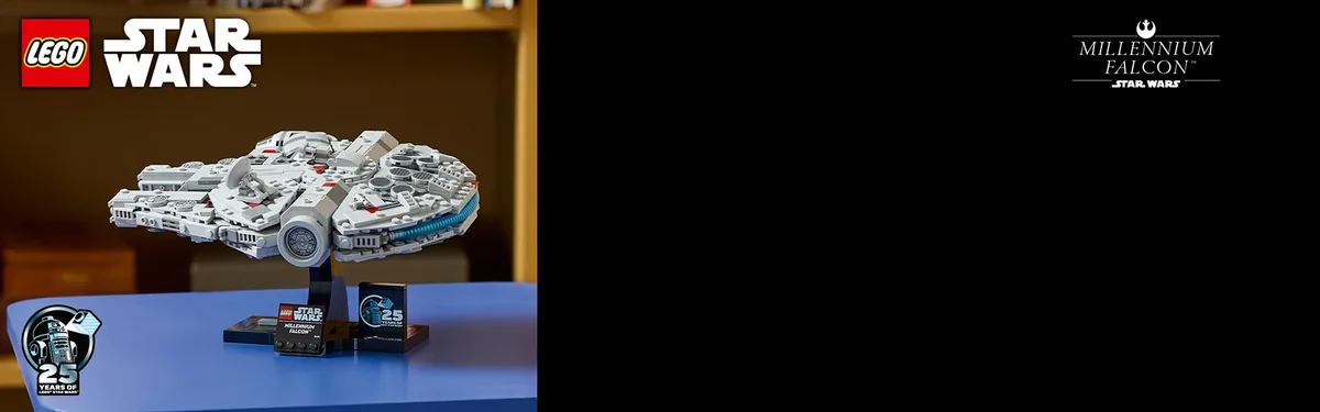 LEGO Star Wars Millennium Falcon 75375 on a blue table, from lego.com's 25 Years of LEGO Star Wars banner