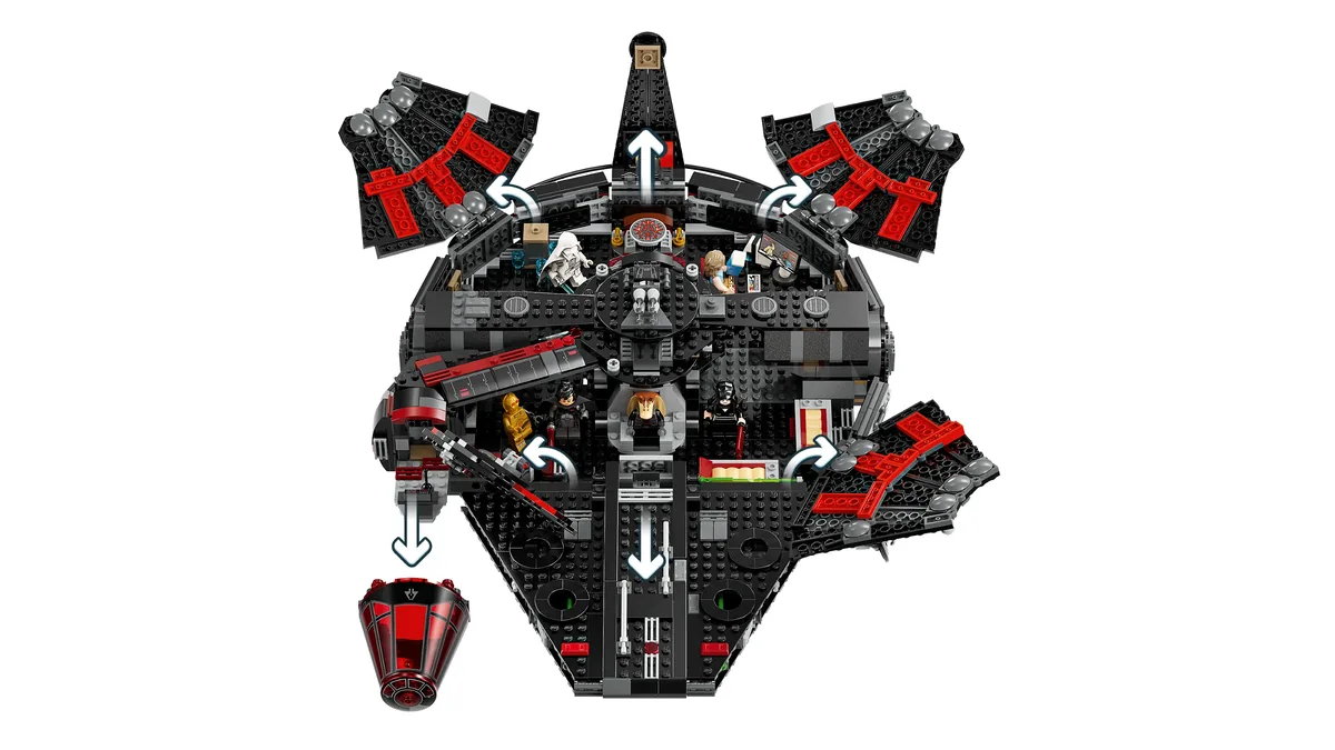 Top-down view of the LEGO Dark Falcon 75389 interior and cockpit, with red-trimmed panels and arrows showing how they open