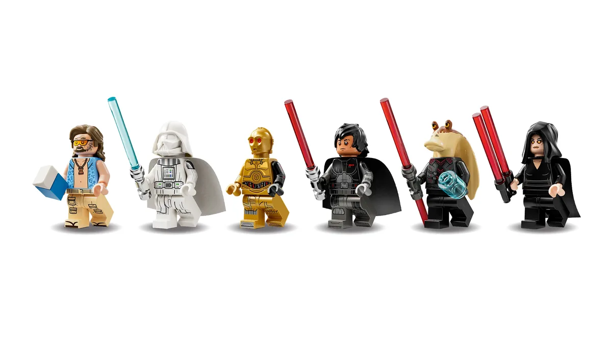 The six minifigures from LEGO Dark Falcon 75389 standing in a row, holding lightsabers