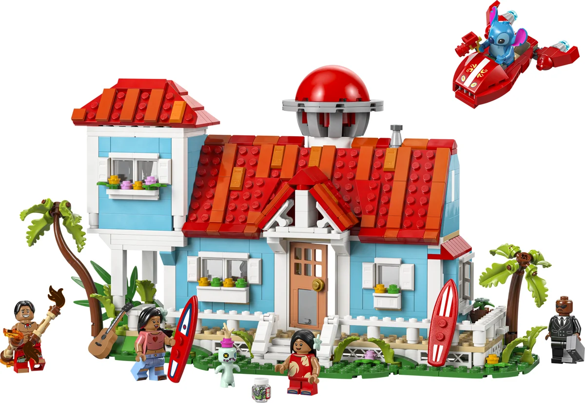 LEGO Disney Lilo and Stitch Beach House 43268, a blue house with a red roof, Stitch in a red spaceship, surfboards and minifigures