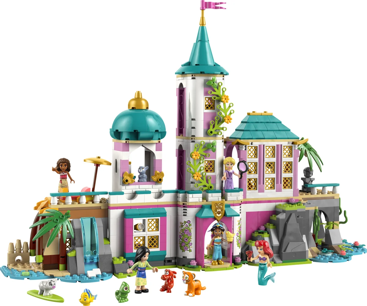 LEGO Disney Princess Castle & Royal Pets 43267, a white and pink castle with teal roofs, princess mini-dolls and animal figures